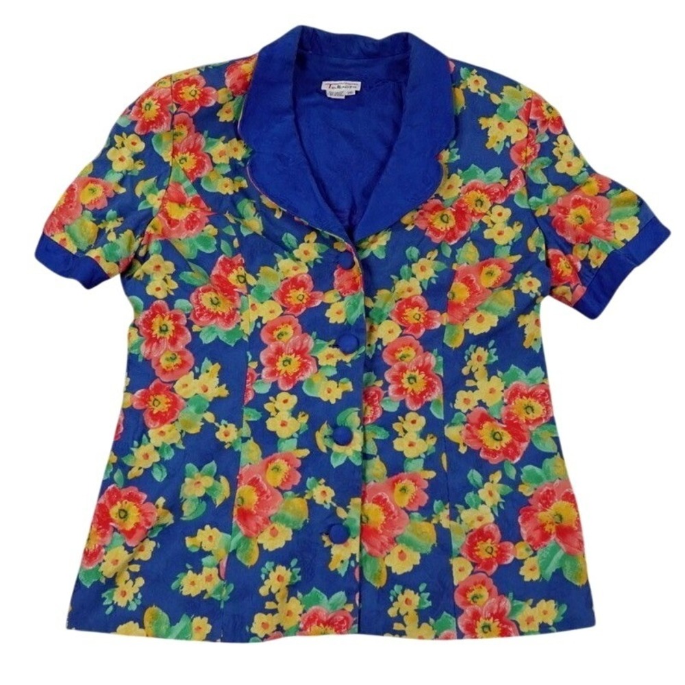 VTG Talbots Floral Short Sleev Blazer Women 20 Blue Jacquard Cotton Shoulder Pad